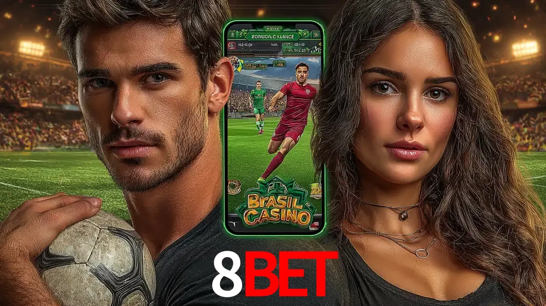 Homem segurando uma bola de futebol e uma mulher ao lado de um smartphone exibindo o jogo de apostas esportivas da 8BET. Faça seu palpite no cassino online.